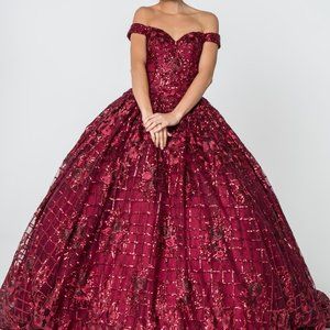 NEW BURGUNDY Off Shoulder Sequined Ballgown Dress GSGL2803